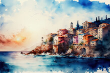 Beautiful Watercolor Painting Of A Seaside City Or Small Village. Generative AI