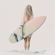 Surfing lifestyle theme with pastel tones. Illustration with surf girl and surfboard generated by AI
