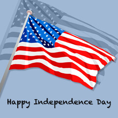 Happy independence day card with flag and light blue background