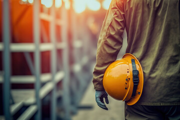 Wall Mural - An construction worker is holding white safety helmet or hardhat with factory place as background. Safe working practice in the industrial scene. Generative Ai image.