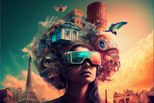 Vr Headset, Double Exposure, Metaverse, Futuristic Virtual World, State Of Consciousness, Technology	