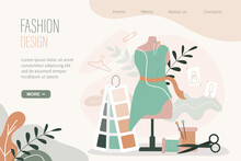 Fashion Design, Landing Page Template. Dressmaking, Sewing Workshop Or Courses, Tailoring Concept. Needlework, Equipment For Sewing. Mannequin, Threads, Scissors And Color Palette.