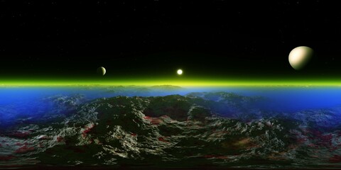 Wall Mural - alien landscape at the rising of a star, HDRI, environment map , Round panorama, spherical panorama, equidistant projection, 360 high resolution panorama, 3d rendering