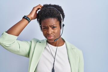 Poster - African american woman wearing call center agent headset confuse and wondering about question. uncertain with doubt, thinking with hand on head. pensive concept.