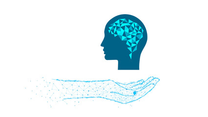  Head, Brain in polygonal hand. Innovation concept or human thinking, neural networks, artificial intelligence, innovative technology, and communication concept.