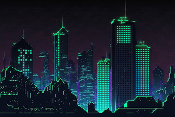 Wall Mural - Nighttime cityscape neon pixel background with stars and high rise skyscraper silhouettes. neon night cityscape pixelated for a game. Nighttime in a metropolis in a 2D pixel video game featuring conte