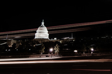 Poster - Capitol building and car light trails at night - Washington DC, United States