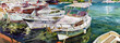 Boats in the bay. Wide watercolor web banner.	