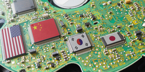 Microchip, processor and CPU producer countries of the World. Flags of Japan, China, USA and Korea on the chips.  