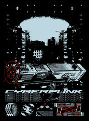 Wall Mural - cyberpunk poster with gun and night city. abstract print with noise, for streetwear, print for t-shi