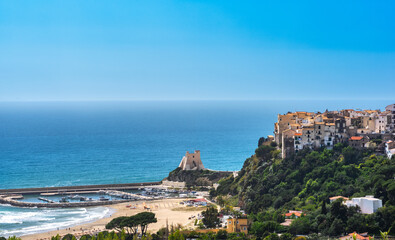 Wall Mural - Sperlonga, district of Latina, Lazio, Italy, view of the village with the Saracen tower