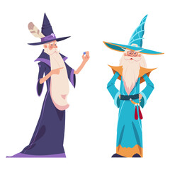 Wizards. Characters in robes costume and hats with silver beard. Old men hold magic stone. People isolated. Cartoon sorcerer and alchemist. Vector witchcraft mascot illustration