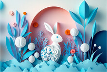 3d Abstract Paper Cut Illustration Of Colorful Paper Art Easter Rabbit, Grass, Flowers And Blue Egg Shape, White Background, Made By AI, Artificial Intelligence