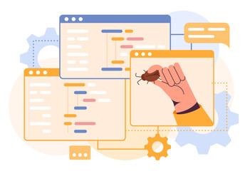 Computer code. Programmers hand holding bug. Malware problem. Digital debug coding. Antivirus system of program security. Testing software. Web data safety. Vector illustration concept