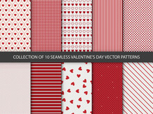 Set Of 10 Different Seamless Patterns. Romantic Red Backgrounds For Valentine's Or Wedding Day. Endless Texture For Wallpaper, Wrapping Paper And Etc. Retro Love Style.