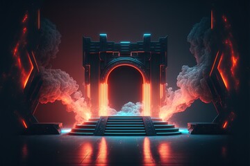 Wall Mural - Sci-fi Neon stage with smoke background. Generative AI