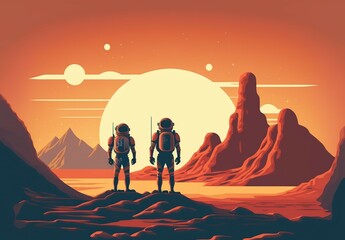 Retro astronaut couple on the surface of space planet illustration. generative ai