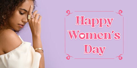 Sticker - Fashionable African-American woman with stylish jewelry on lilac background. Happy Women's Day celebration