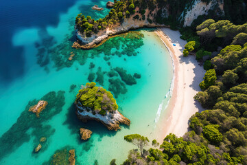 Canvas Print - Greece's Corfu. aerial picture of the beach in Porto Timoni. Generative AI