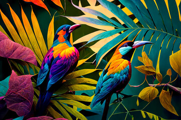 Wall Mural - Abstract natural background with jungle flora and fauna. Creative background with exotic bright colorful leaves and birds. Created with Generative AI