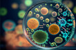 © Luc.Pro - Macro close up shot of bacteria and virus cells in a scientific laboratory petri dish standing vertical, science background, illustration digital generative ai design art style