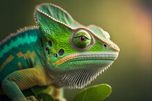 Portrait Close Up Green Colored Chameleon, Illustration Digital Generative Ai Design Art Style