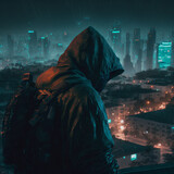 Fototapeta  - stalker cyberpunk in the night city photorealism detal