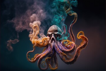  a skull and octopus are smoking cigarettes in the dark sky, with smoke coming out of it's mouth and a skull on the top of the octopus's head, and bottom of the smoke.  generative ai