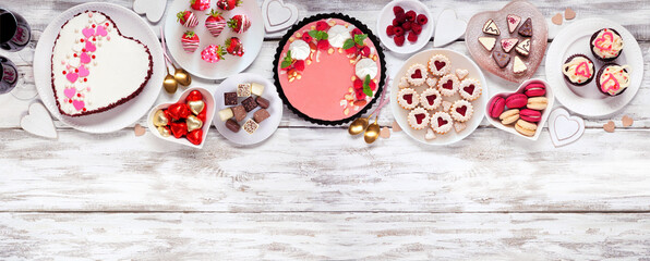 Aufkleber - Valentines Day top border with a variety of desserts and sweets. Overhead view on a white wood banner background. Love and hearts theme. Copy space.