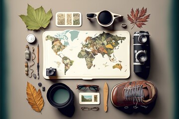 Sticker - a map of the world surrounded by various items such as a camera, sunglasses, a pair of sunglasses, a pair of sunglasses, and a pair of brown shoes on a table with a leaf.