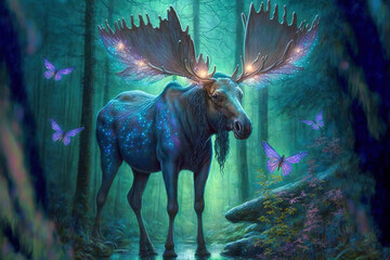 Wall Mural - Magic moose in fairy forest. Spirit of the forest. Digital art	