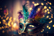 Carnival party. Venetian mask on dark bokeh background. Festival decoration. AI generative