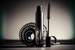 a mascara, mascara tube, and eyeliner brush on a table with a shadow background and a light green light coming from the top of the mascara tube, and the mascara tube,.