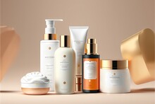 A Variety Of Skin Care Products Displayed On A Table With A Beige Background And A Gold Lid On The Top Of The Product Is A Creamer,. Generative AI