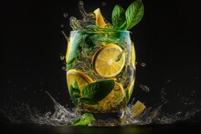  A Glass Of Water With Lemons And Mints In It And Splashing Water Around It On A Black Background With A Black Background With A Black Background And White Border With A Green Leaves., Generative Ai