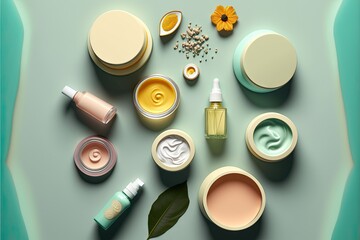 a variety of cosmetic products are arranged on a table top view with a green leaf and a flower in the center of the image, and a few of the products are on the table.