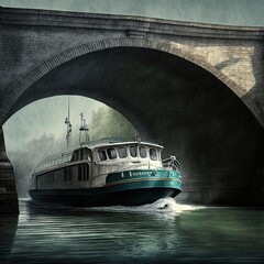 Wall Mural - a boat is going under a bridge in the water under a bridge with a light on it and a person standing on the side of the boat in the water under the bridge, and a bridge.