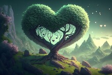 Tree With Heart Shape, Green Landscape Background,digital Art Style.AI Generated