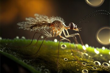  a mosquito is standing on a green surface with drops of water around it and a black background with a yellow light behind it and a black background with a few drops of water droplets on.