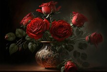 A Painting Of A Vase With Red Roses In It On A Table Top With A Dark Background And A Black Background Behind It, With A Few Red Roses In The Vase, And One.