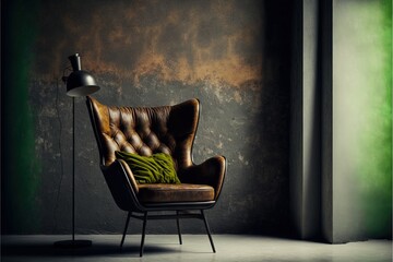  a chair with a green pillow on it in a room with a lamp on the floor and a wall behind it with a green wall and a black floor lamp on the floor with a., generative ai