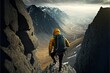  a man with a backpack walking up a mountain side trail with a view of a valley below him and a valley below him, with a path running through the mountains, and a dark sky. generative ai