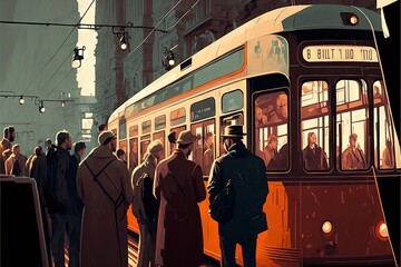 Poster - a painting of a train on a city street with people waiting to board it and a man standing on the platform waiting for the train to pass by the train, and people waiting for the.