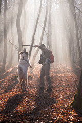 Poster - happy dog and owner in foggy forest