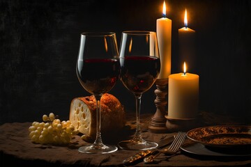 Poster - a table topped with two wine glasses and a plate of food next to a candle and a plate of food on a table cloth with a candle and a plate with a candle on it.