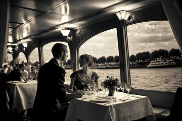 Sticker - a man and woman sitting at a table in a boat on a river with a view of the city and the water behind them, in black and white photo, with a black and white.