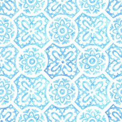  Seamless moroccan pattern. Square vintage tile. Blue and white watercolor ornament painted with paint on paper. Handmade. Print for textiles. Set grunge texture.
