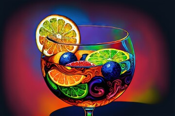 Poster - a painting of a glass of wine with fruit in it and a slice of lemon on the side of the glass with a black background of a red, blue, yellow, green, orange, red, and purple, and.