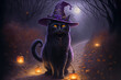 Black cat wearing a witch hat on a cobblestone path with lighted pumpkins  in fall Generative AI