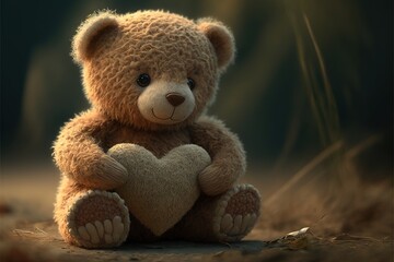 Wall Mural - a teddy bear sitting on the ground holding a heart shaped object in its paws and looking at the camera with a sad look on his face, with a dark background of grass and leaves.